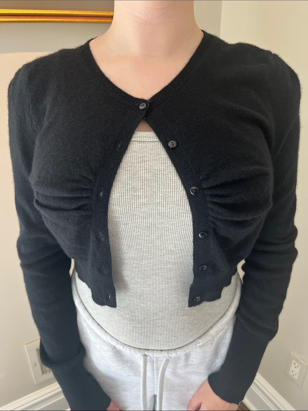 AQUA Cashmere Black Cropped Cardigan Sweater Ruched Bust M